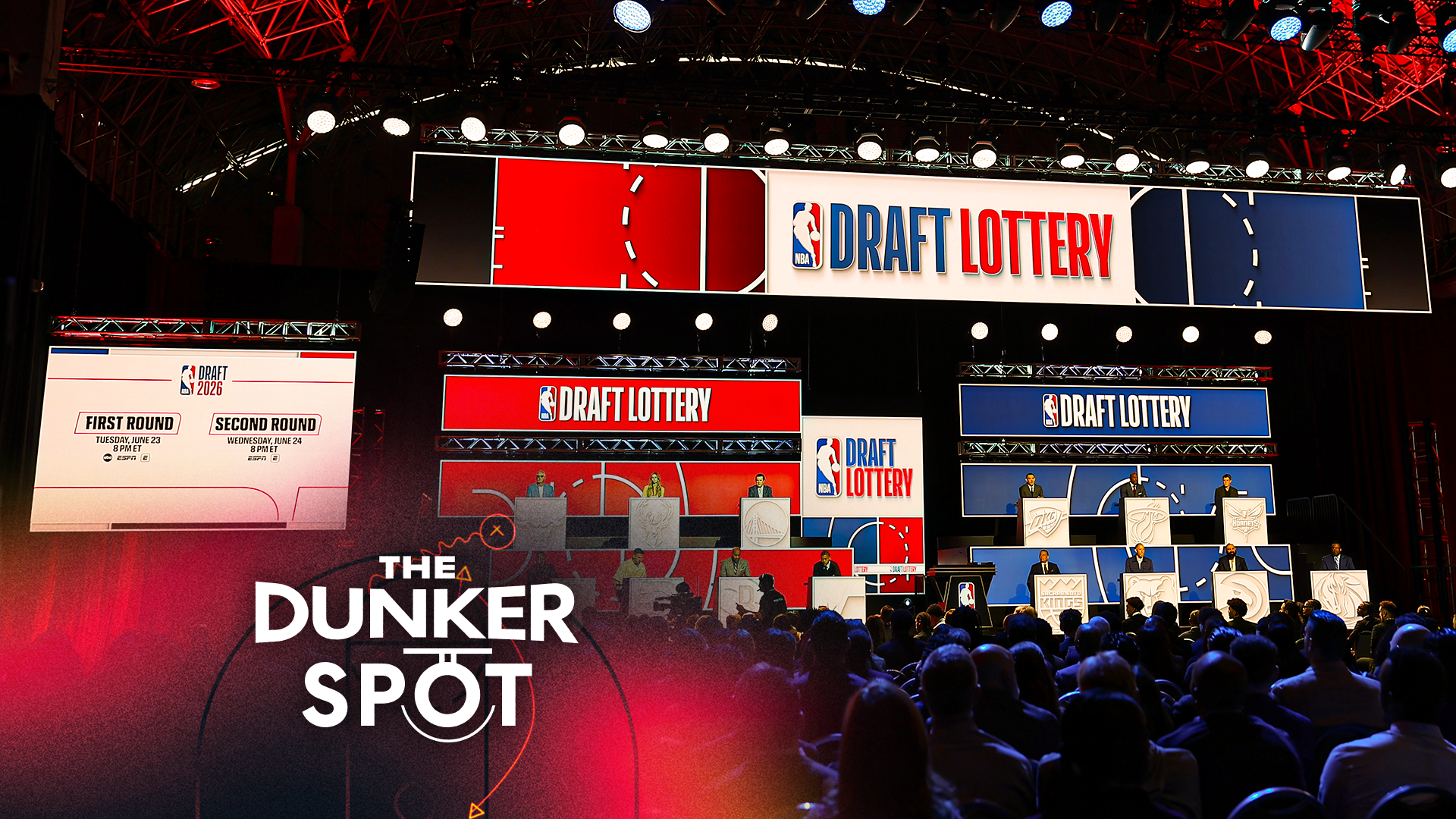 An overall view of the signage during the 2026 NBA Draft Lottery during the 2026 NBA Draft Lottery on May 10, 2026 at Navy Pier in Chicago, Illinois