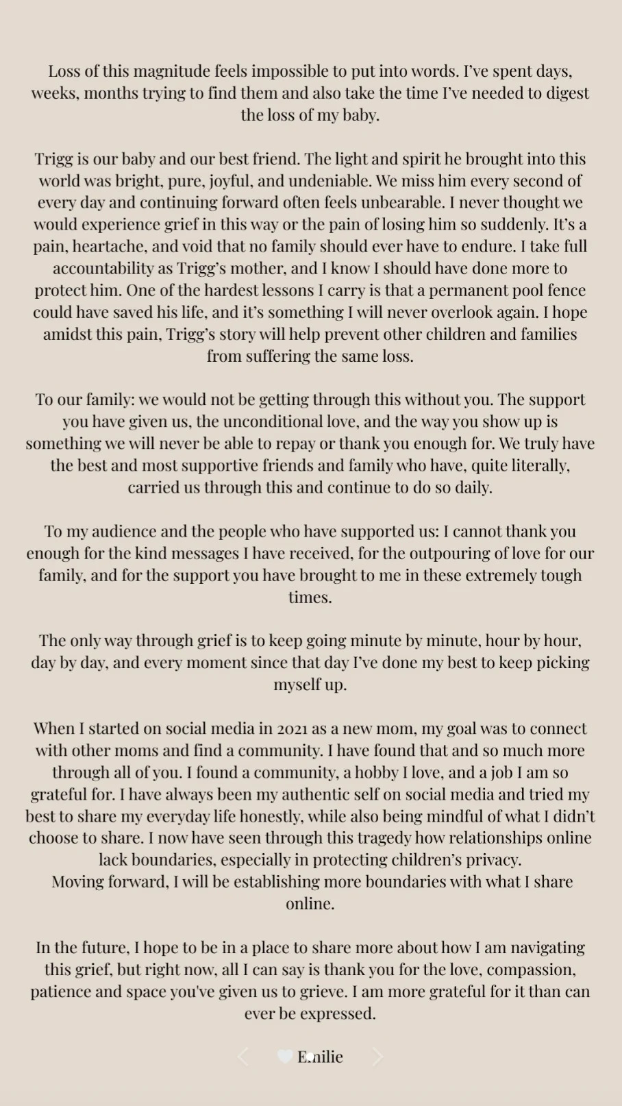 Emilie Kiser's statement in print.