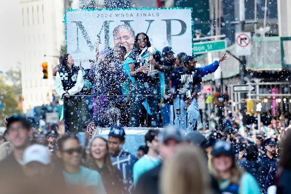 Jonquil Jones and the New York Liberty go up the Canyon of Heroes as fans cheer during the ticker-tape parade held in their honor, Thursday, October 24, 2024, in Manhattan. The Liberty won the WNBA Championship on Sunday.