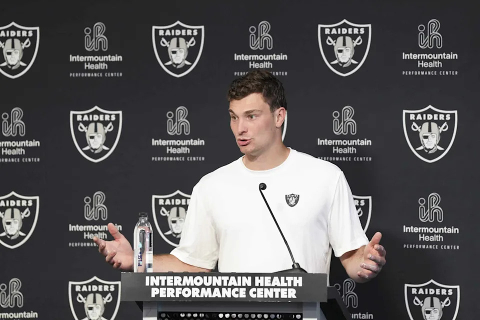 May 2, 2026; Henderson, NV, USA; Las Vegas Raiders quarterback Fernando Mendoza (15) speaks during a news conference at the team’s Rookie Minicamp at Intermountain Health Performance Center. Mandatory Credit: Candice Ward-Imagn Images