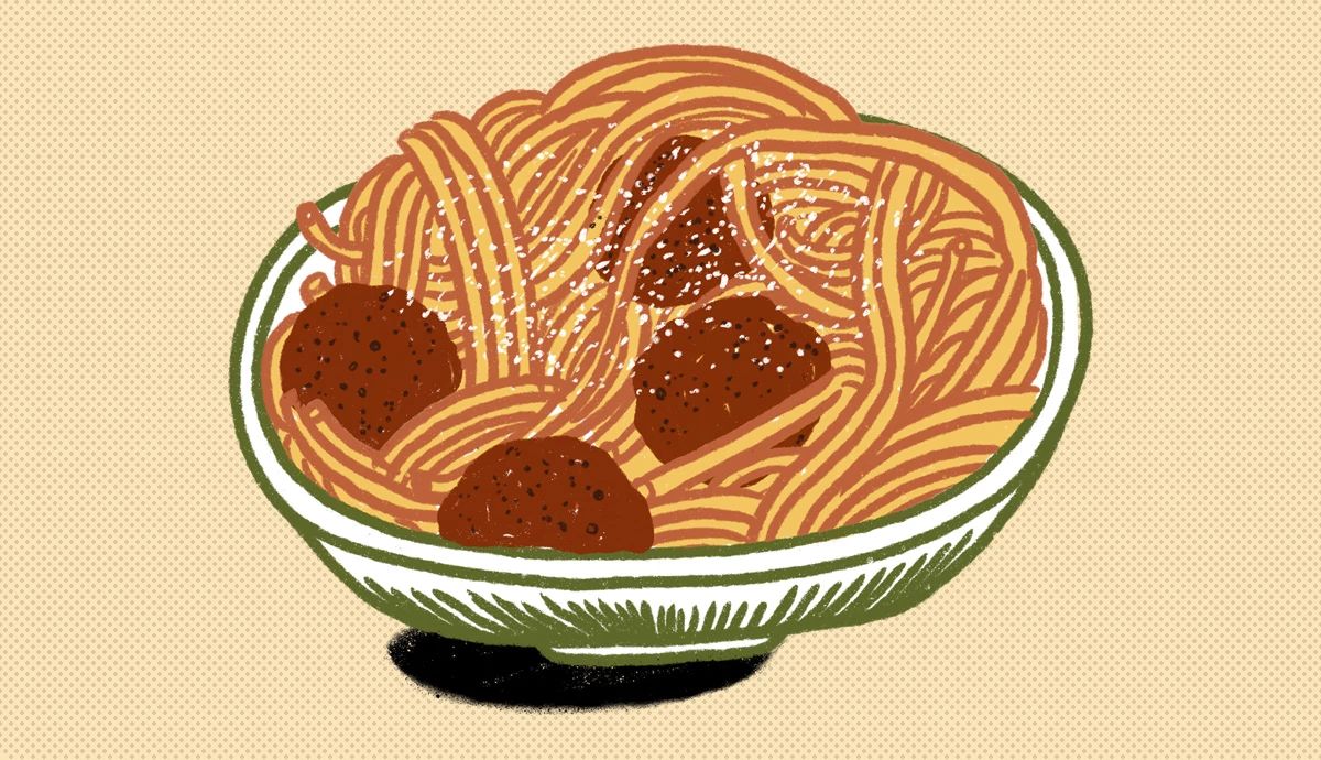Get 25 Grams of Protein An illustration of a classic pasta dish featuring a bowl of spaghetti mixed with meatballs and topped with grated cheese.