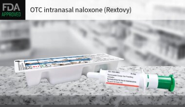 FDA APPROVED OTC intranasal naloxone (Rextovy) over a photo of the product.