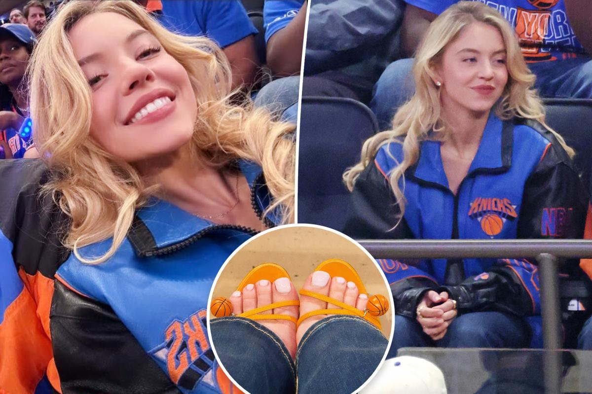 Sydney Sweeney wears Manolo Blahnik basketball sandals to Knicks Game 4 with Scooter Braun