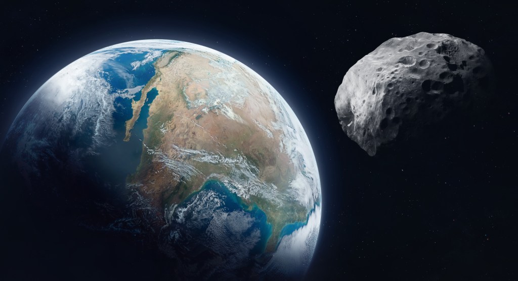 Illustration of an asteroid near Earth in space.
