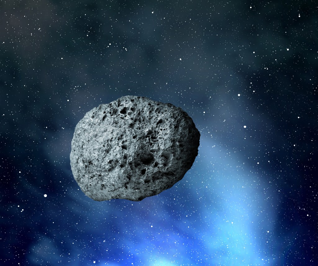 Illustration of a large asteroid against a starry sky with a blue nebula.