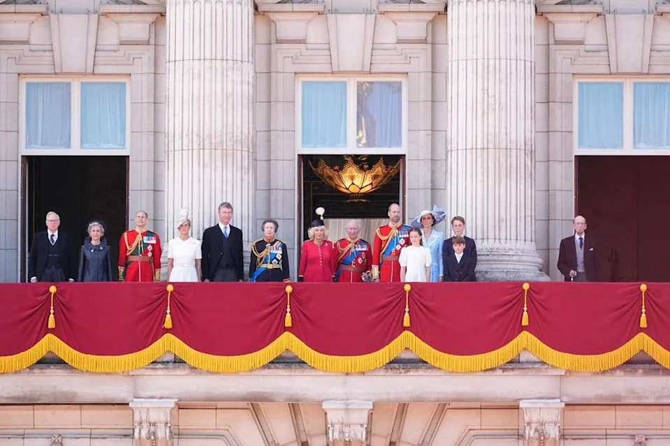 Members of the Royal Family (left to right) the Duke of Gloucester, the Duchess of Gloucester, the Duke of Edinburgh, the Duchess of Edinburgh, Vice Admiral Sir Tim Laurence, the Princess Royal, Queen Camilla, King Charles III, the Prince of Wales, the Princess of Wales, Princess Charlotte, Prince George, Prince Louis and the Duke of Kent on the balcony of Buckingham Palace,
