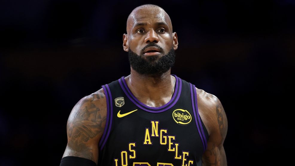 FILE - LeBron James #23 of the Los Angeles Lakers looks on against the Oklahoma City Thunder in Game Four of the Second Round of the NBA Western Conference Playoffs at Crypto.com Arena on May 11, 2026 in Los Angeles, California. (Photo by Luke Hales/Getty Images)