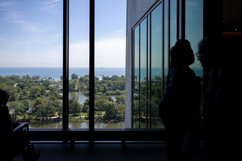 Aerial view of the Jackson Park lagoon from the Nelson Mandela Sky Room at the Obama Presidential Center.