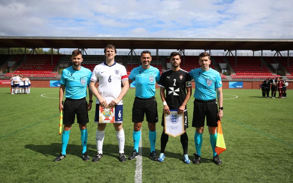 England’s Arthurian League representative team and Portugal’s Lisbon Football Association representative team line up ahead of their UEFA Regions’ Cup opener at Myyrmäki Football Stadium in Vantaa, Finland, on July 31, 2024 (Photo by Andy Nunn/The Arthurian League)