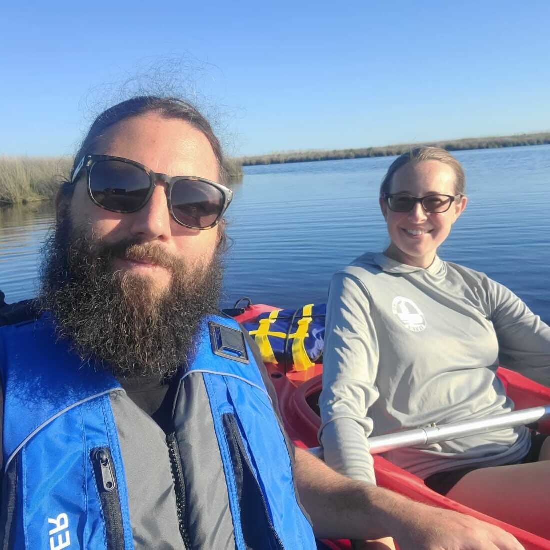 Anthony Leone and his wife, Corinne Saunders, kayak in Kitty Hawk Bay, in North Carolina's Outer Banks.