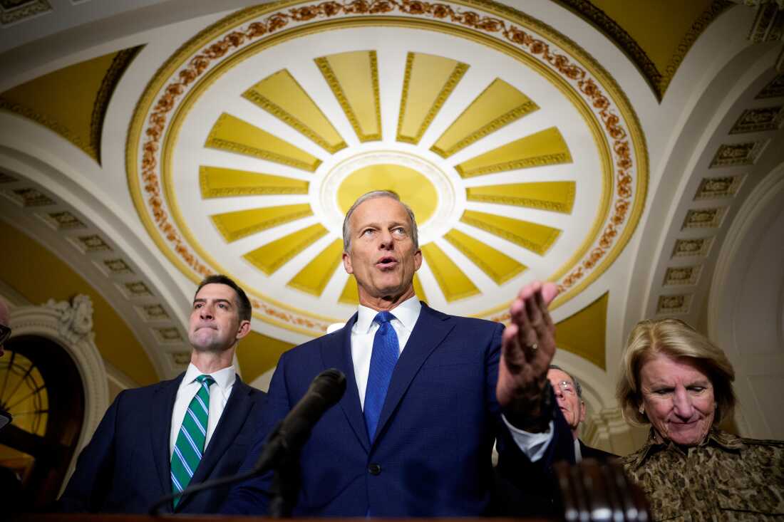 Senate Majority Leader John Thune, R-S.D., center, speaks to reporters at the U.S. Capitol Tuesday about the SAVE America Act and other topics.