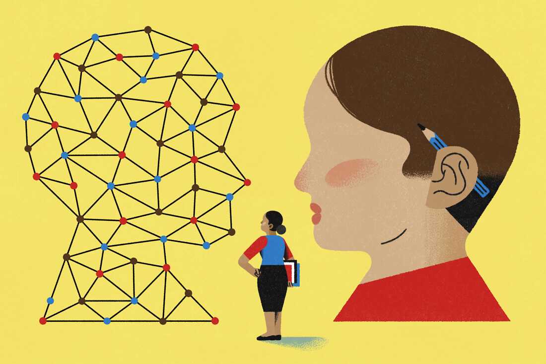 Two large heads face each other: on the left, a network of nodes representing AI, and on the right, a human child. A teacher stands in the middle, looking at the AI on the left.
