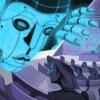 An illustration showing a giant, blue robotic face peering at students in a large college lecture hall.
