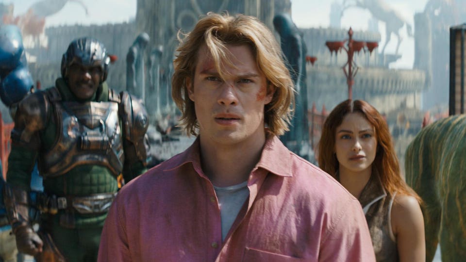 Idris Elba, Nicholas Galitzine and Camila Mendes in "Masters of the Universe."