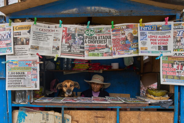 Nicolasa Munoz waits for customers next to her dog Mona while tending her newspaper stand in Lima, Peru, Friday, June 5, 2026, ahead of their presidential runoff election. (AP Photo/Rodrigo Abd)