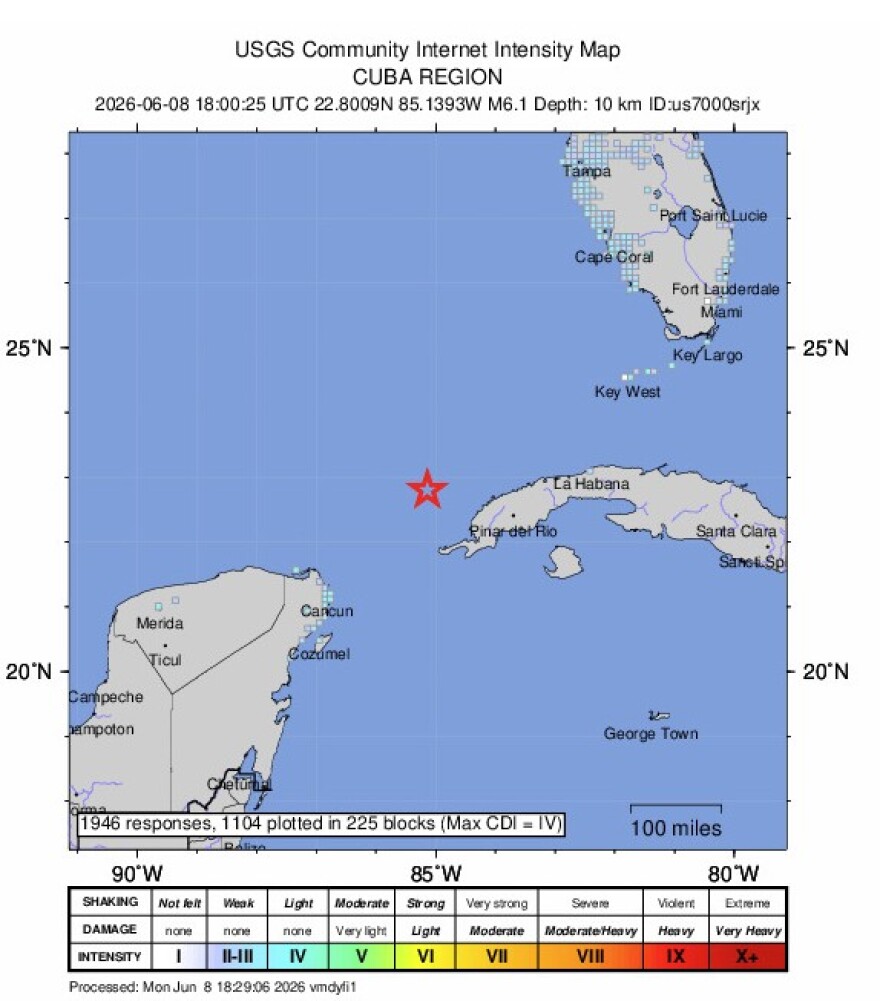 Epicenter of 6.1 earthquake today located about 64 miles west of Cuba in the Gulf.
