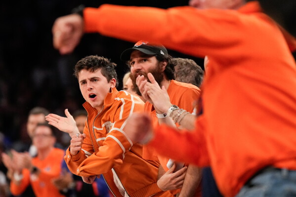 Timothee Chalamet watches during second half of Game 3 of the NBA Finals basketball series between the New York Knicks and the San Antonio Spurs, Monday, June 8, 2026, in New York. (AP Photo/Ross D. Franklin)