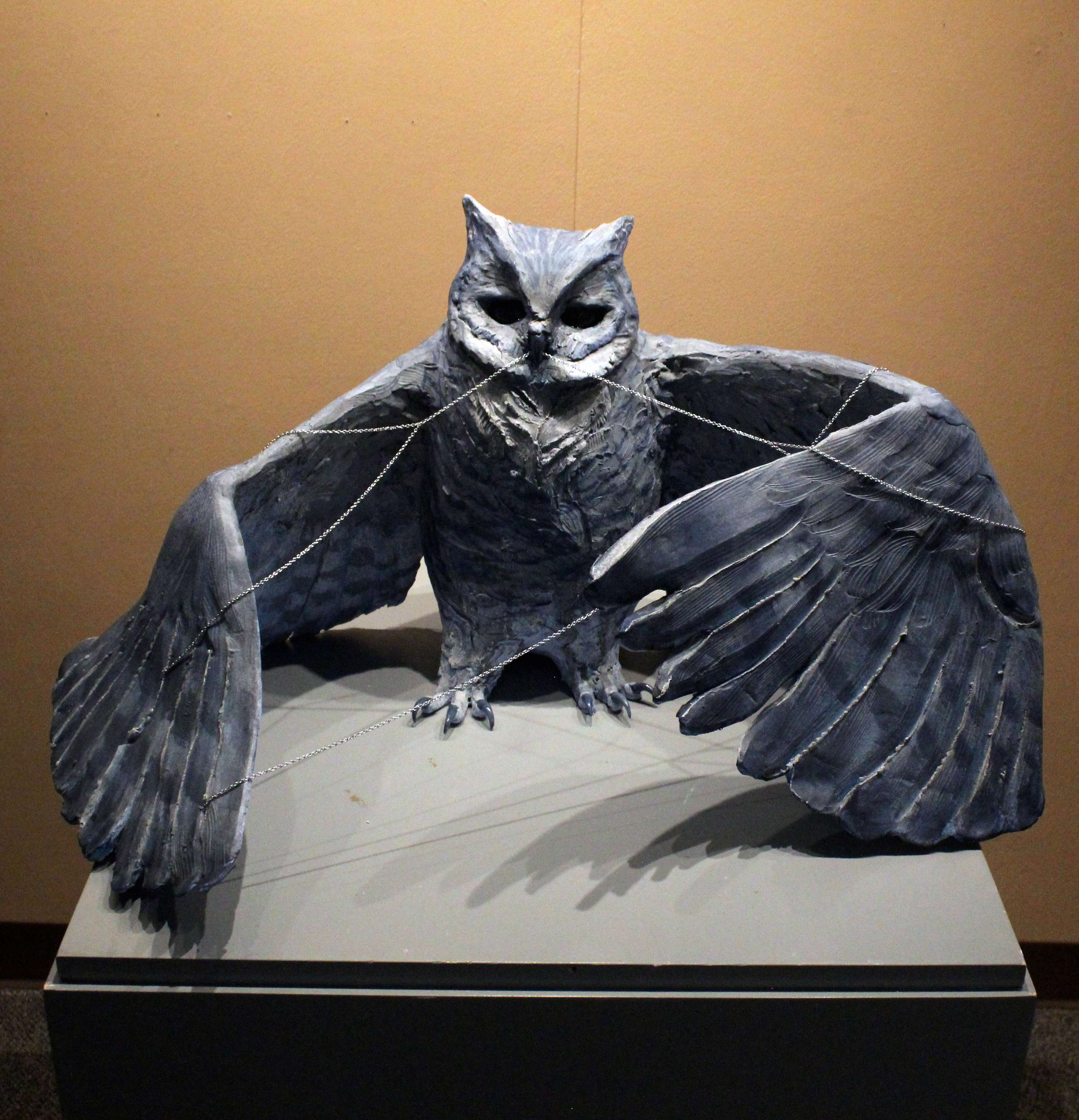 A sculpture of an owl by Rylie Hazleton, an FHSU student, is on display now at the Sternberg Museum. Photo by Cristina Janney/Hays Post