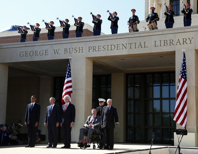 President Barack Obama stands with former presidents, from second from left, George W. Bush, Bill Clinton, George H.W. Bush, and Jimmy Carter at the dedication of the George W. Bush presidential library on the campus of Southern Methodist University in Dallas, on April 25, 2013.