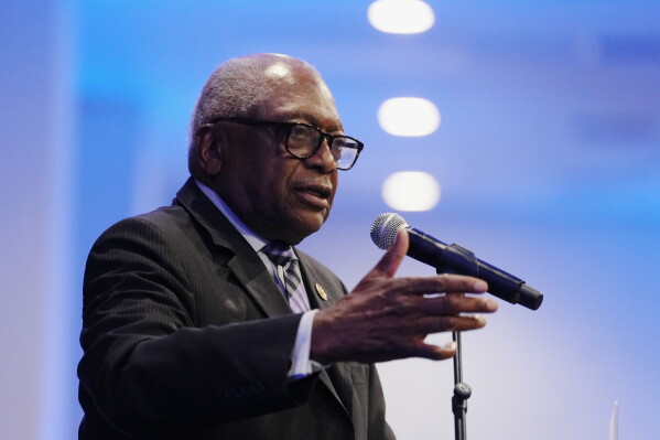 U.S. Rep. Jim Clyburn, D-S.C., speaks to attendees at the South Carolina Democratic Party's Blue Palmetto Dinner on Friday, May 29, 2026, in Columbia S.C. (AP Photo/Meg Kinnard)