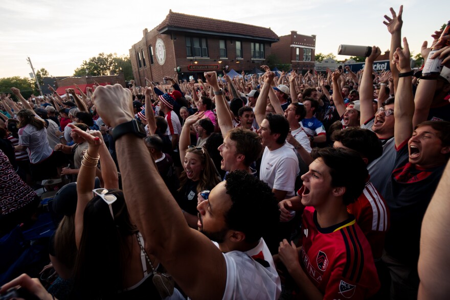 United States Men’s National Team fans get rowdy after scoring their first goal against Paraguay during a FIFA World Cup watch party outside of Amsterdam Tavern on Friday, June 12, 2026, in south St. Louis.