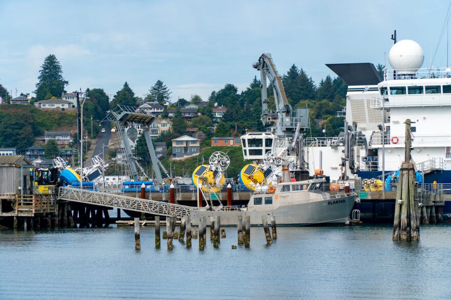 Ocean harbor with ships and boats and houses on the hill in the background.
