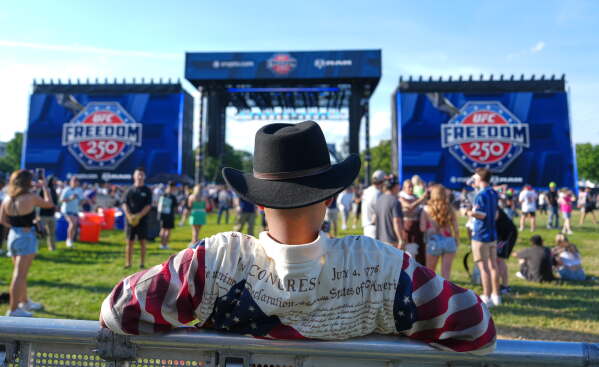 People arrive before the ceremonial UFC Freedom 250 weigh-ins on the Ellipse, Saturday, June 13, 2026, in Washington, ahead of Sunday's fight on the South Lawn of the White House. (AP Photo/Julia Demaree Nikhinson)