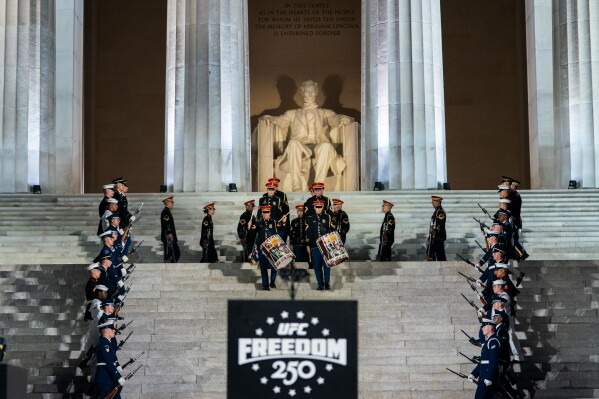 The UFC holds a news conference at the Lincoln Memorial, ahead of Sunday's fight on the South Lawn of the White House, Friday, June 12, 2026, in Washington. (AP Photo/Allison Robbert)