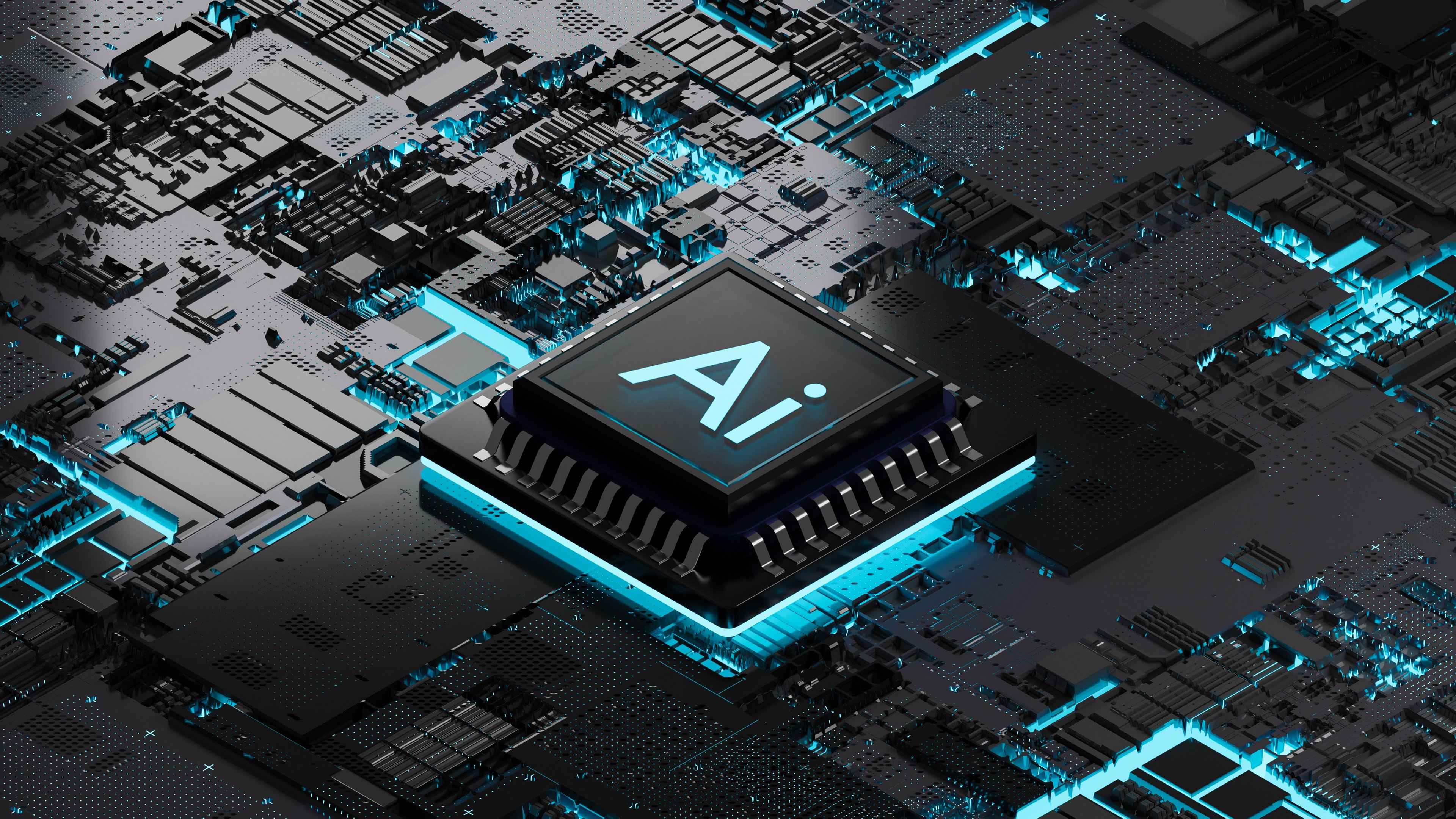 Letters A and I on a chip raised out of a glowing blue motherboard.