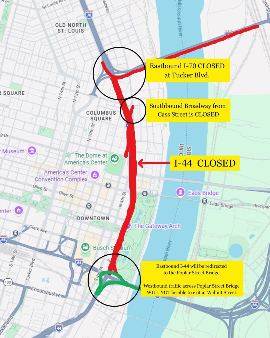 Parts of Interstate 44/70 are closed downtown until further notice, officials said.