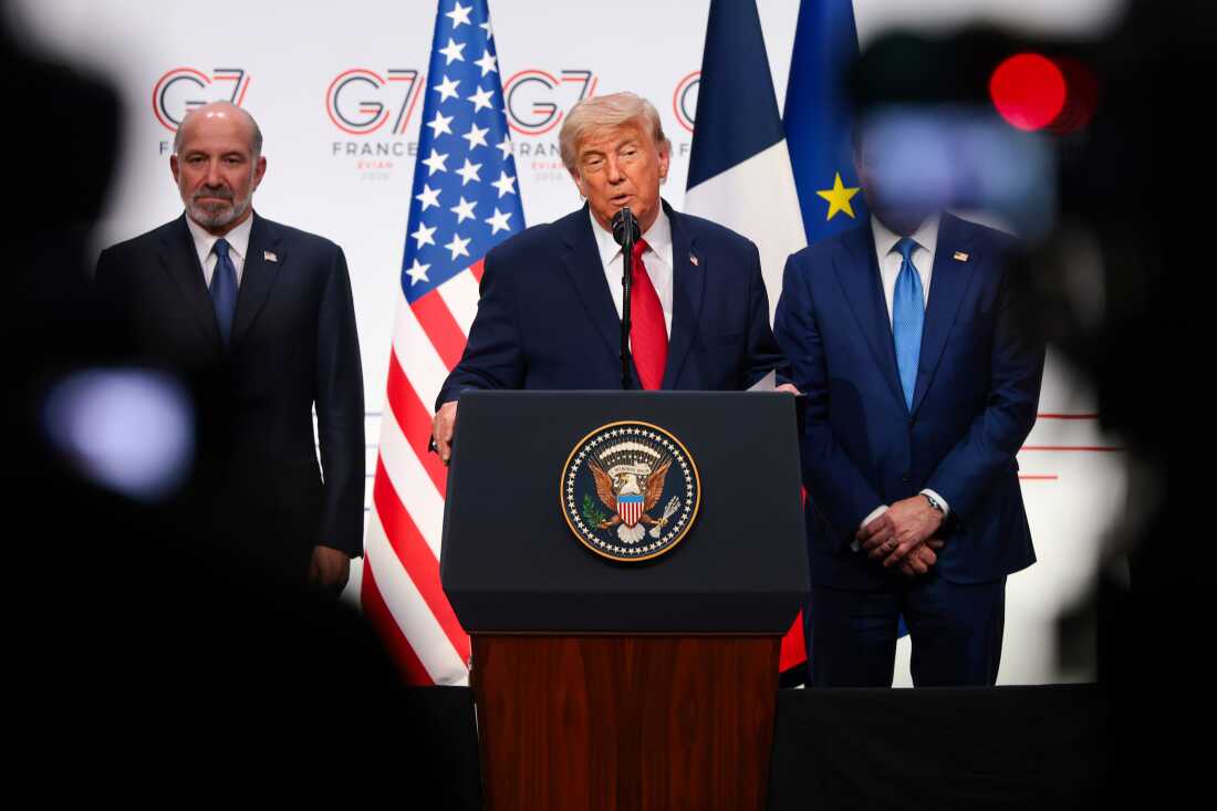 President Trump speaks during a media conference at the end of the G7 summit in Evian-les-Bains, France, on June 17.