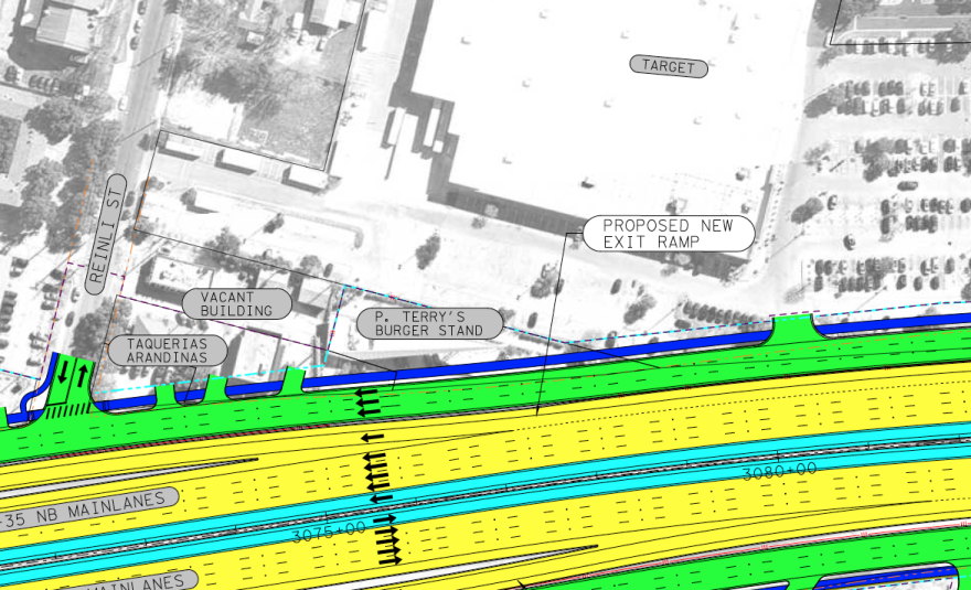 A schematic illustration showing the location of P. Terry's next to the expanded highway.