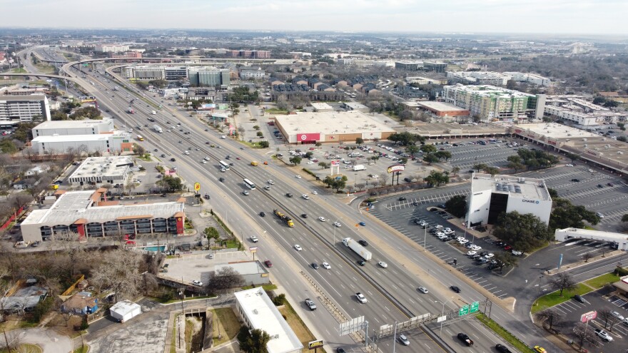 An aerial view of the highway near P. Terry's in 2024.