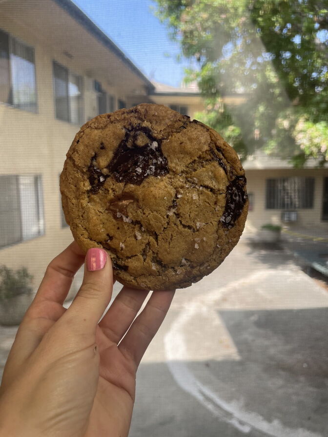 A medium skinned hand with pink nail polish holds up a chunky chocolate chip cookie in front of the garden section of an apartment complex.
