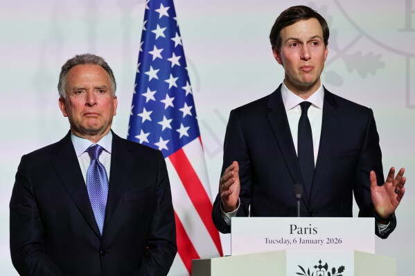 U.S. envoy Steve Witkoff, left, and U.S. businessman Jared Kushner attend a press conference in Paris on Jan. 6, 2026. (Ludovic Marin, Pool photo via AP)