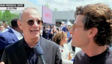 Tom Hanks jokes about MS NOW's low ratings at Obama Center opening