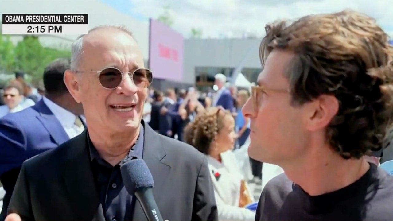 Tom Hanks jokes about MS NOW's low ratings at Obama Center opening
