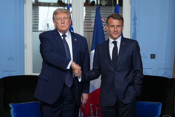 President Donald Trump meets with French President Emmanuel Macron during a bilateral meeting on the sidelines of the G7 summit, Monday, June 15, 2026, in Evian-les-Bains, France. (AP Photo/Julia Demaree Nikhinson)