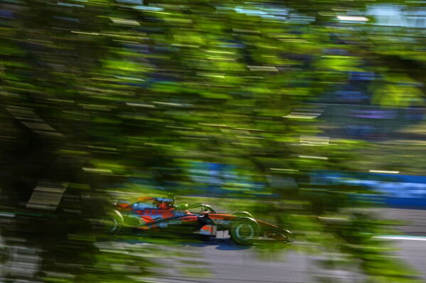 McLaren driver Lando Norris of Britain steers his car during the second free practice for the Spain F1 Grand Prix at the Barcelona Catalunya racetrack in Montmelo, near Barcelona, Spain, Friday, June 12, 2026. (AP Photo/Fatima Shbair)