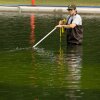 A National Park Service employee uses a vacuum to clean the Lincoln Memorial Reflecting Pool, Friday, June 19, 2026, in Washington.