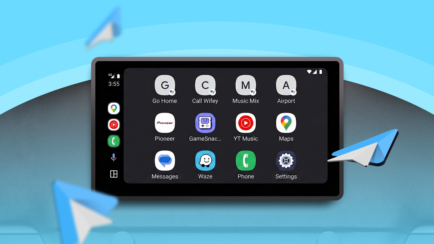 Android Auto screen displaying customizable shortcut buttons for routines.