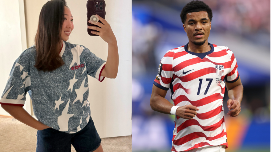Left: The NPR's Juliana Kim in her 1994 vintage jersey. Right: Malik Tillman of USA in action in this year's kit.