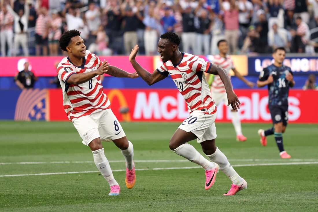 Folarin Balogun (r) of the U.S. celebrates scoring his team's second goal with Weston McKennie during their World Cup match against Paraguay on June 12 in Inglewood, Calif. The U.S. defeated Paraguay and, later, Australia. The U.S. wraps up group play against Turkey on Thursday evening. Win, lose or draw, the U.S. has already won its group and will advance to the knockout round.