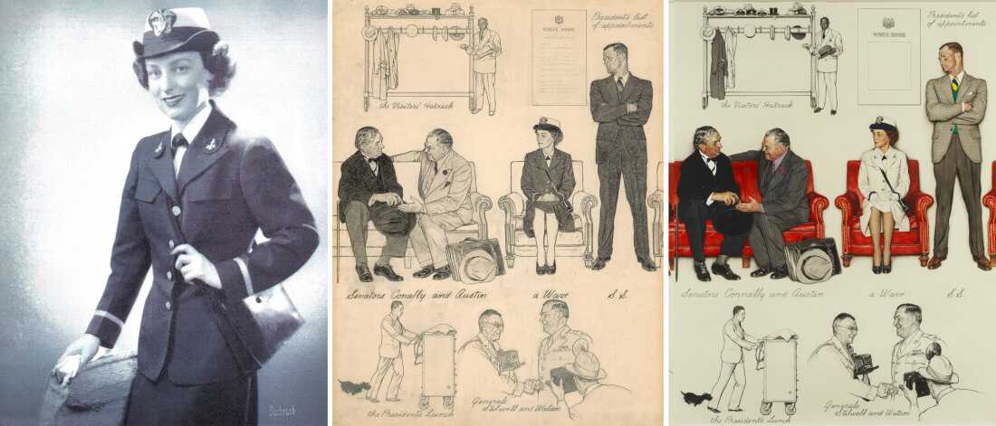 Navy WAVE Eloise English Davies, left, was wearing her "dress blues" for her visit to the White House. But in Rockwell's Saturday Evening Post series, right, she appeared in white. Her daughter, Meredith Davies Hadaway, says that caused a bit of a stir in military circles. Rockwell sent her a sketch of the scene, perhaps for proof that she was, in fact, wearing blues that day.
