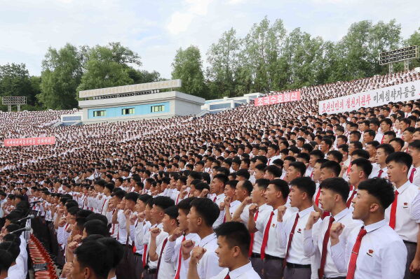Youth and students gather to mark what North Korea calls "the day of struggle against U.S. imperialism" in Pyongyang, North Korea, Wednesday, June 24, 2026. (AP Photo/Cha Song Ho)