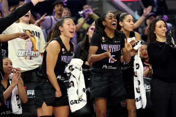 The Golden State Valkyries bench react after a play against the Atlanta Dream in the second quarter of a WNBA game at Chase Center in San Francisco, Calif., on Wednesday, June 24, 2026. (Ray Chavez/Bay Area News Group)