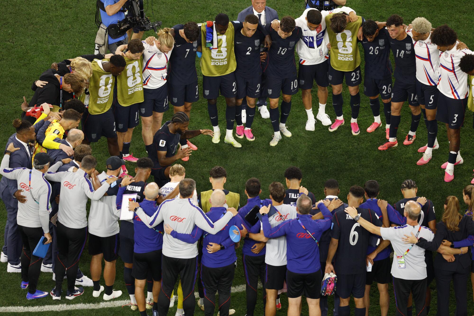 U.S. players huddle after their 3-2 loss to Turkey at the World Cup on Thursday.