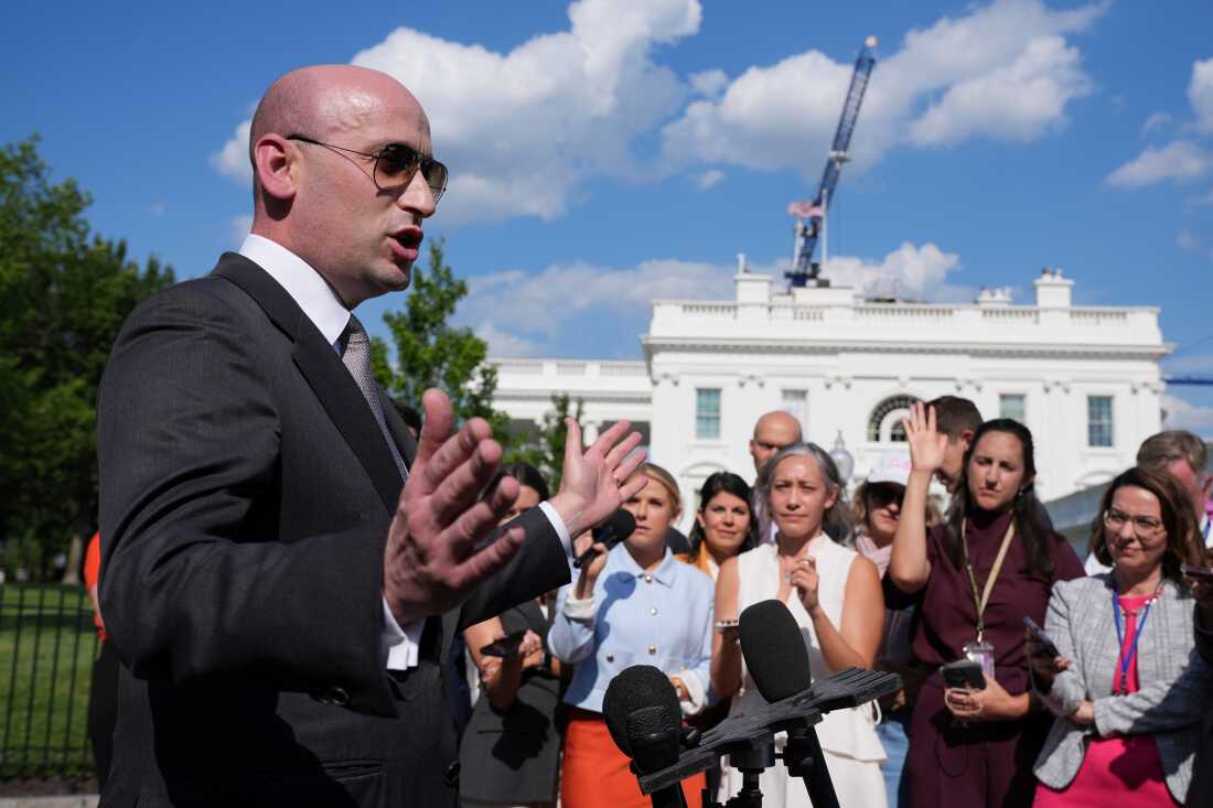 Stephen Miller, White House deputy chief of staff for policy, speaks with reports at the White House, Thursday, June 25, 2026, in Washington.