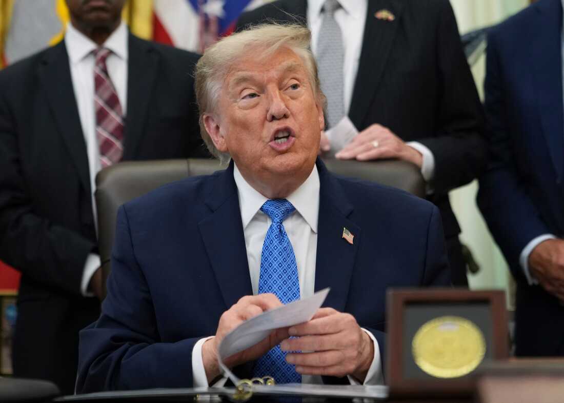 President Donald Trump speaks in the Oval Office of the White House, Friday, June 26, 2026, in Washington.