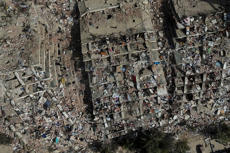 Damaged buildings are seen three days after earthquakes struck in La Guaira, Venezuela, Saturday, June 27, 2026.